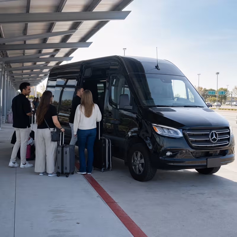 Group boarding a white charter bus for Airport Transportation transportation in McKinney
