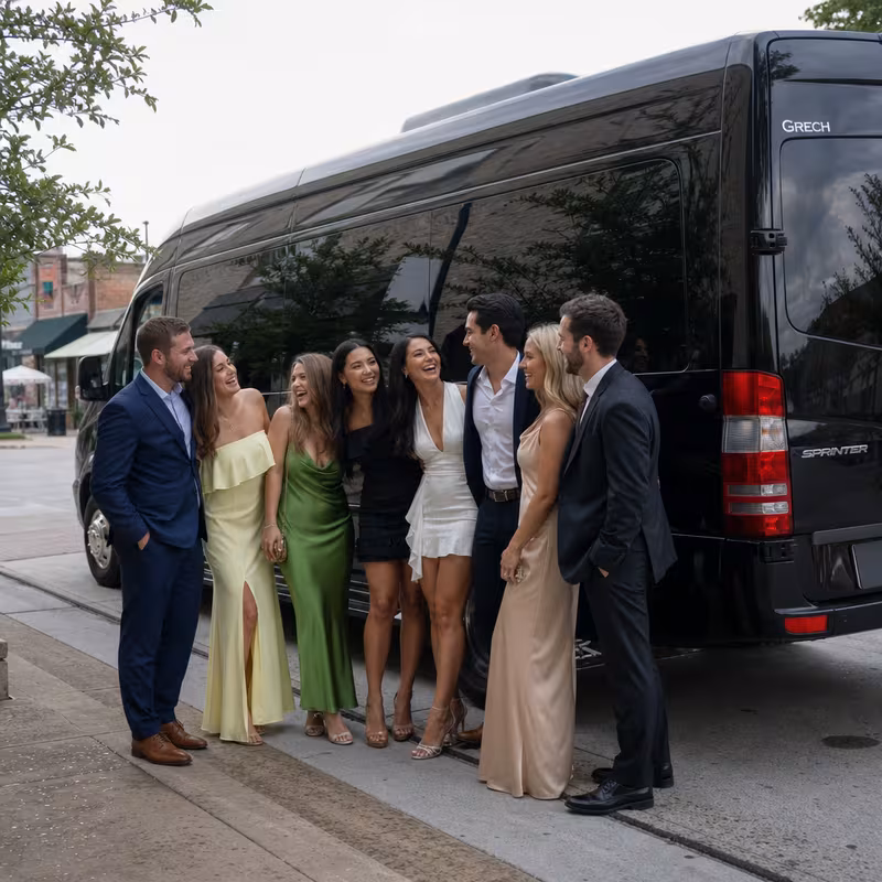 Group boarding a white charter bus for Bachelor & Bachelorette Transportation transportation in McKinney