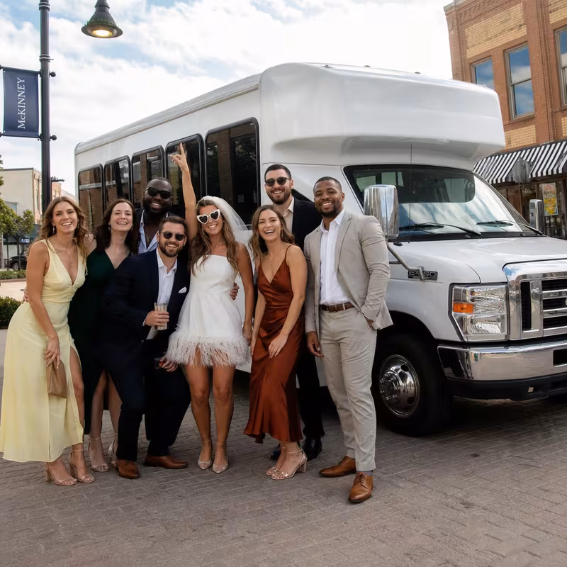Black Mercedes Sprinter van staged for an McKinney Bachelor & Bachelorette Transportation group