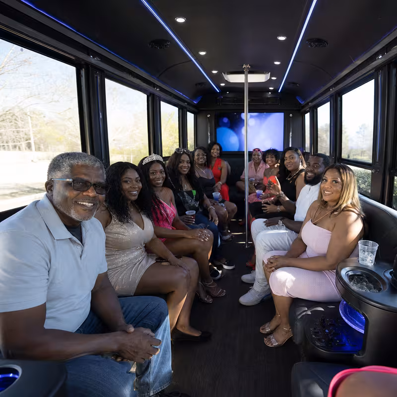 Black Mercedes Sprinter van staged for an McKinney Birthday Transportation group