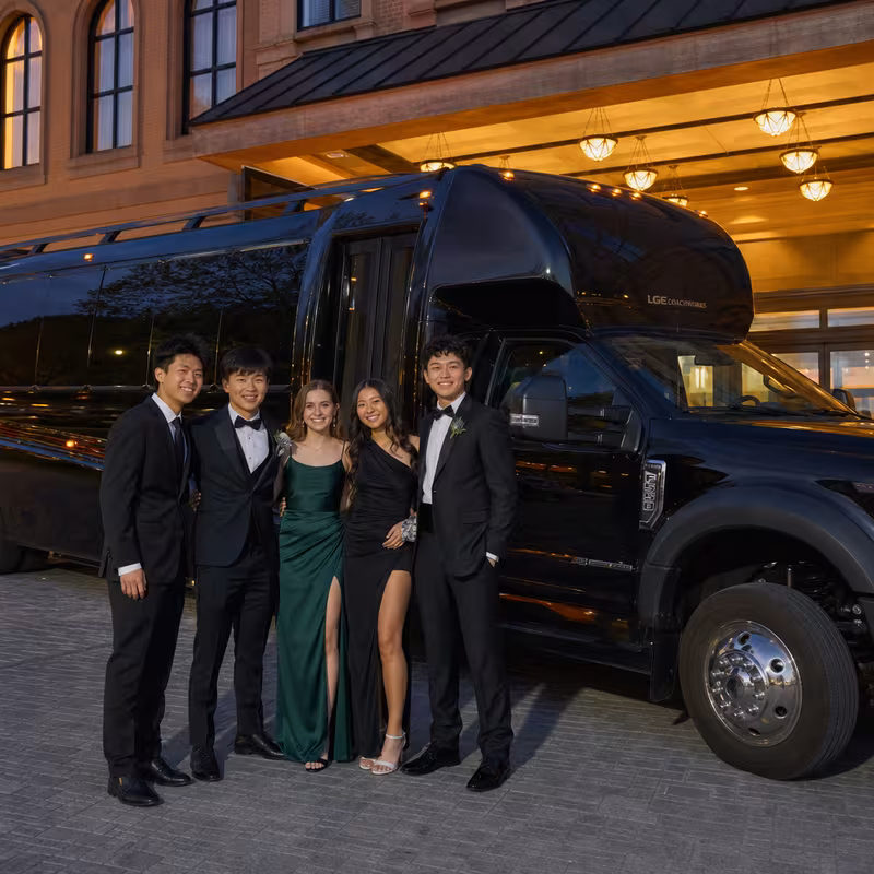 Party bus interior with wraparound leather seating and LED lighting in McKinney