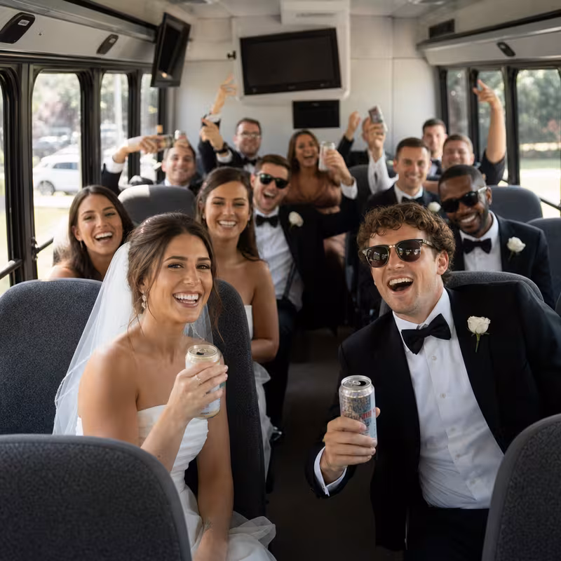 Group boarding a white charter bus for Wedding Transportation transportation in McKinney